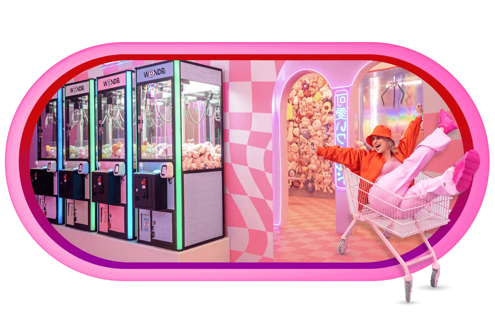 Pink arcade themed room with a shopping cart photo setup