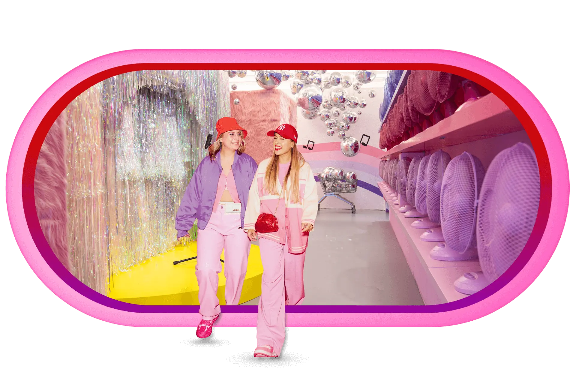 Colorful Wondr room with shimmer curtains and fan wall